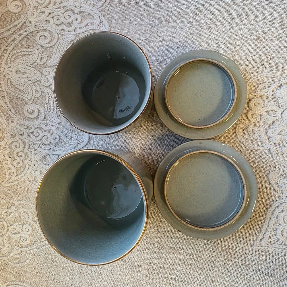 Kutani Japanese Tea Cups Set 2 Green Pheasant Bamboo Crackle Glaze Lidded Yunomi